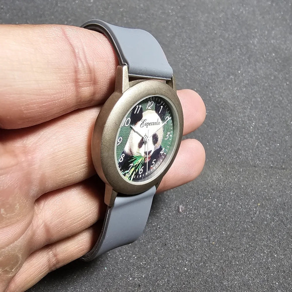 Vintage Esperanto Quartz Watch Silver Tone Panda Dial Gray Ruber Straps Working - Picture 5 of 9